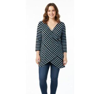 My Collection Woman Elegant V-Neck Striped Tunic Blue Black Plus Size 3x